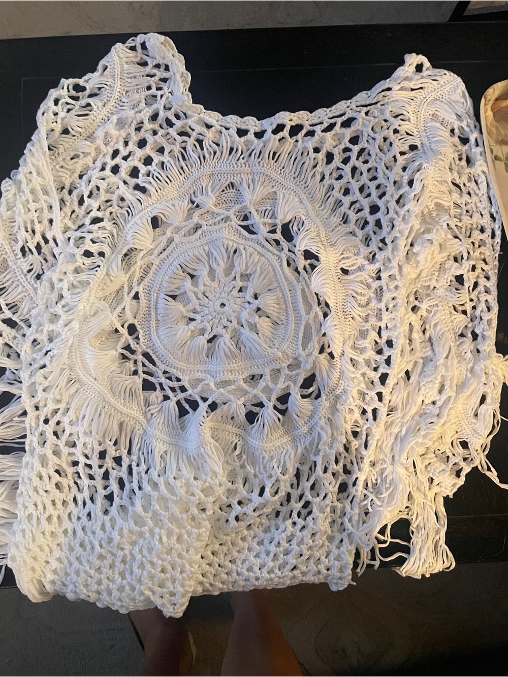 White Crochet Fringe Poncho - Women's Lightweight Openwork Cover-Up